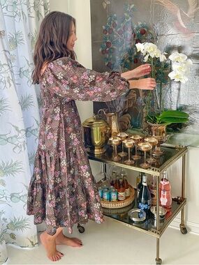 Summer Salt Floral Puff-Sleeve Midi Dress in Brown and Pink • Sz XS